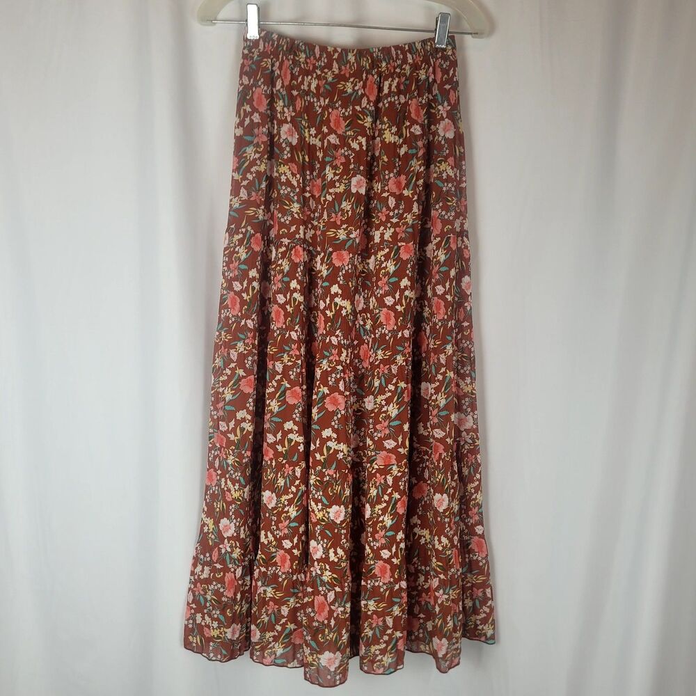 Chiffon Maxi Skirt Womens Size XS/S Highwaisted A-line Brown Floral Bohemian
